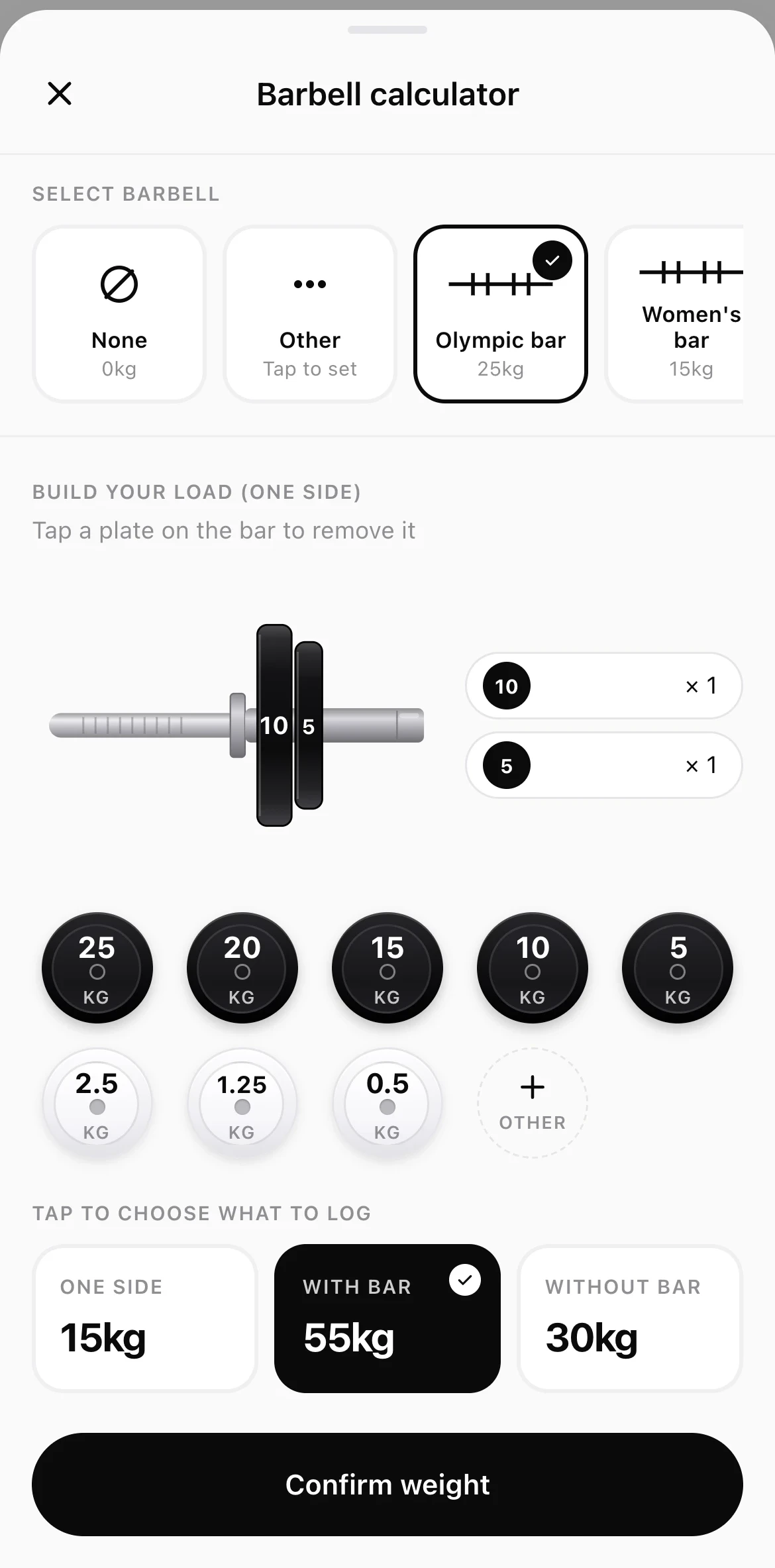 The Reps barbell calculator with a light load: 15 kg a side, 55 kg with the bar.